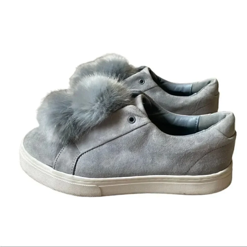 Steve Madden Bryanne Fluff Ball Platform Slip On Sneakers, Grey Multi Suede  9